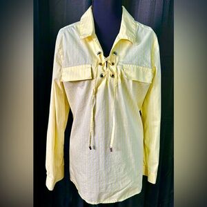 Calvin Klein Yellow, White Striped Lace-Up Top, Size L